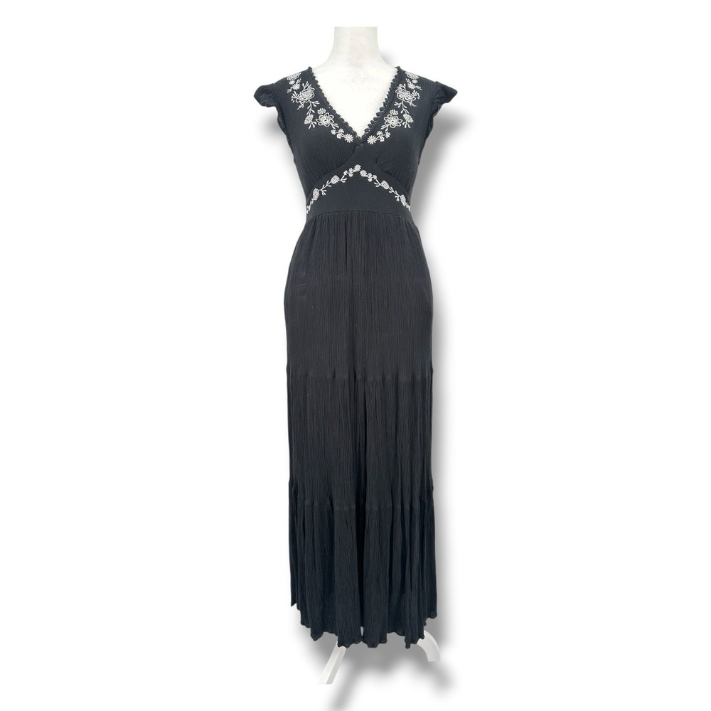 Audrey Parks + Francesca Black Embroidered Maxi Dress Boho Festival Floral S